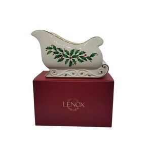 Lenox Holiday Sleigh Candy Dish Ivory China Gold Trim Holly Berry 886160 NEW